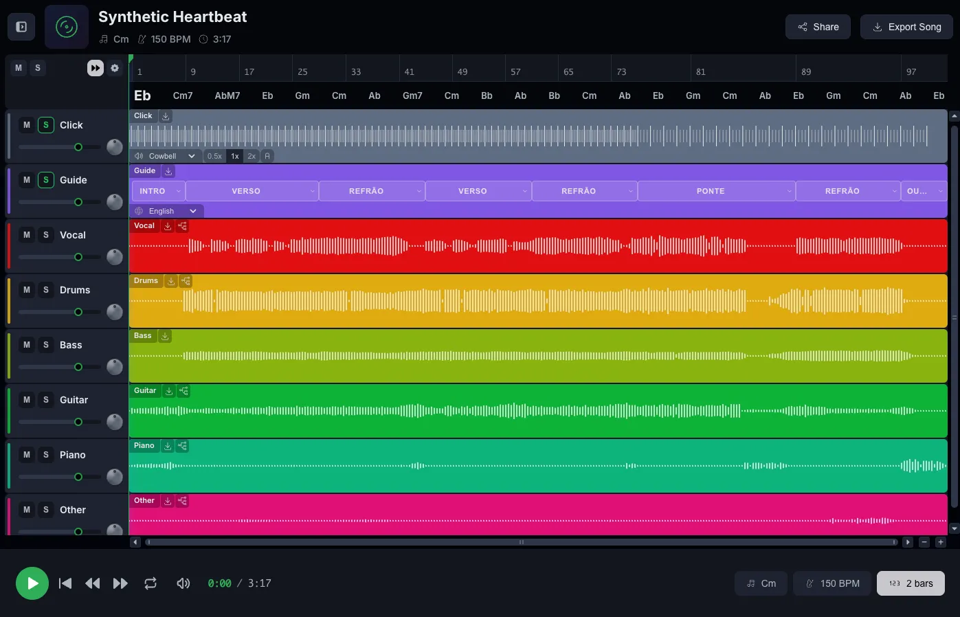 CueWee Studio with a song open: click, guide and separated stems for vocals, drums, bass, guitar, piano and other, each with its own mute, solo and volume